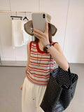 Red Striped U-Neck Vest Sling Women's Summer Wear Design Loose Short Knitted Shirt Thin