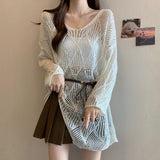 Lazy Wind Wearing A Hollow Knitted Shirt Women 2025 Spring And Summer Harvest In The Middle Of The Long Outer Hoodie Shirt Thin Sunscreen