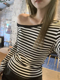 Black And White Striped Oblique Shoulder Long-Sleeved T-Shirt 2026 Spring Chic Beautiful Hot Girl Style On The Shoulder
