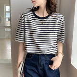 Short-Sleeved T-Shirt Women's Summer Thin 2026 New Loose Cotton Green Stripe Sympathizes With Women's Clothes