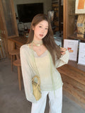 Blue Thin Transparent Sunscreen Long-Sleeved T-Shirt For The Summer New Wooden Ear Design Air Conditioning Hood V Collar Top