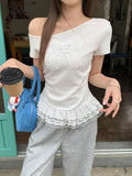 Lace Lace Spliced Short-Sleeved T-Shirt For Women's New Body-Repair Bow Design Tops In Summer 2026