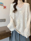 Large-Size French Lace Knitted Women's Autumn And Winter Fashion Soft-Creative Sweater Jersey V-Neck Loose Thin Top