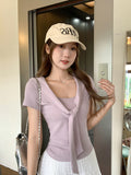 Fake Two Design Shawl V-Neck Short-Sleeved T-Shirt Women 2026 Summer New French Gentle Casual Blouse