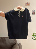 Super Nice Cute Embroidery POLO Collar Knitted Shirt Summer New Button Hood Repair On The Shoulder Short Sleeve Top