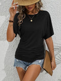 2025 Ladies Casual Fashion Pure Color Folded Round Collar Short Sleeves To Repair Summer T-Shirt