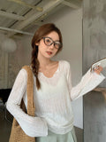 Spring And Autumn French Small Through The Wooden Ear V-Neck Long Sleeves Women Pure Thin Sunscreen Hoodie Loose T-Shirt High-End Feel Top