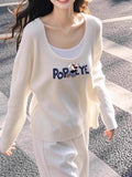 Unique To White Low-Necked Fake Two Knitted Shirt Girls Spring And Autumn Design Cartoon Print Long-Sleeved Top Sweater