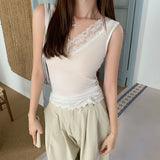 White Pure Lust Lace V-Neck Sling Vest Woman 2026 Autumn Folding Waist Repair Inside The Bottom Blouse