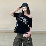 Pure Cotton Vintage Hottie Slanted Shoulder T-Shirt For Girls Summer 2025 New Loose Letter Print Top Ins