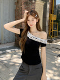Korean Slanted Shoulder-To-Shoulder Wooden Ear Design Sense Short-Sleeved T-Shirt Women 2026 Summer New Slim Slim Top