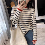 Crash Black And Blue Striped Smiley Face Sweater Woman In Autumn Wearing A Soft Knitted Jersey T-Shirt Lazy Round Collar Top