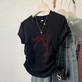 Pure Cotton Shoulder Short-Sleeved T-Shirt Women 2025 Summer New Design Sense Niche Wrinkles To Receive Thin Short Tops