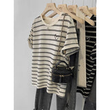 Crash Striped Short-Sleeved T-Shirt Women 2025 New Summer Loose Visky Retro Embroidery Top