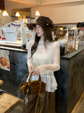 White High-Necked Long-Sleeved Hoodie T-Shirt Spliced Hem Autumn T-Shirt With Loose Folded Clothed Woman
