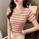 Rainbow Striped Cotton Short-Sleeved T-Shirt Women's Summer 2025 New Super-Fire Slimming Wood-Eared Top