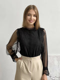New Elegant Solid-Colored Yarn Long-Sleeved Bubble Sleeve Collar Collar Collar Women's Lace Shirt