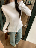 Sweet Cute Wooden Ear Half-High Collar Long-Sleeved Knitted Shirt Woman 2026 Autumn Loose Thin Leaves Side Top