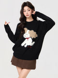 Black Sweet Cute Puppy Embroidered Hooded Sweater 2026 Autumn And Winter Loose Thicken Long-Sleeved Knitted Shirt Top