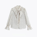 New French Bow Ribbon Wave Dot Card Dotted Shirt Women Autumn Long-Sleeved Temperament Ribbon Blouse
