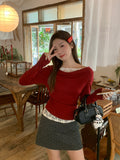 Christmas Red Corner Out Of The Shoulder Pure Lust Lace Splicing Long Sleeve Bottom Shirt Women In Autumn And Winter Inside And Outside Wearing A Beautiful Top