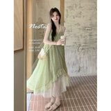 French 2025 Printed Summer Splicing New Seaside Slings Holiday Temperament Irregular Dress Skirt