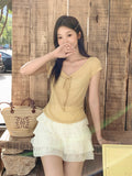 Korean Sexy Pure Desire U Tie Strap Shoulder Short-Sleeved T-Shirt 2026 Summer New Temperament To Close The Waist Thin Top