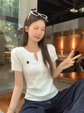 Korean Ash Hemp Shoulder Short-Sleeved T-Shirt Girl Summer New Hottie Slimming Embroidered Knitted Shirt Top