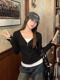 Fake Two Black And White Bumps With Velvet Thick Warm Body Bottom Women's Autumn And Winter New Long Sleeve Zipper Top