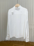 Four Seasons Wearing Designer Black And White Collar Rose Long-Sleeved Shirt Imitation Copper Ammonia Siding Noodle Gloss Top