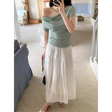 Tibetan Blue Pure Desire Short-Sleeved T-Shirt Girls Summer New Two-Skinny Collarbone Shoulder Coat
