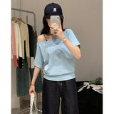 Summer Shoulder Sexy T-Shirt Girl Blue Neckline Collar Collar Slanted Shoulder Short Sleeves Loose Lazi White Top