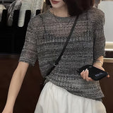South Korea Chic Hollow Ice Silk Short-Sleeved Knitted Shirt Women 2025 Summer Loose Thin Ocean Gas Age-Down Gray Top