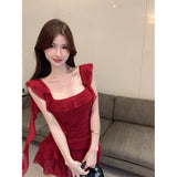 The Waist And Sweet And Spicy Skirt Seaside Holiday Beautiful Beautiful Look Red Dress Irregular Lotus Leaf Side Skirt