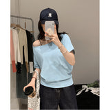 Summer Shoulder Sexy T-Shirt Girl Blue Neckline Collar Collar Slanted Shoulder Short Sleeves Loose Lazi White Top