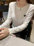 Embroidered Round Collar Shoulder Long-Sleeved T-Shirt Girl Autumn Folded Waist Repair Inside The Beautiful Bottom Shirt