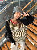 Black And White Striped Round-Neck Long-Sleeved T-Shirt Women In Autumn And Winter Lazy Relaxed Feeling Thin Coat