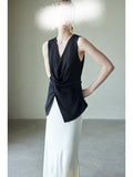Beauty Wrinkled Vest Backs Thin Three-Dimensional Kinesi V Collar Sleeveless Coat Broad Leg Pants Women Summer Suit