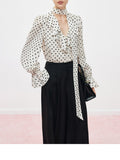 New French Bow Ribbon Wave Dot Card Dotted Shirt Women Autumn Long-Sleeved Temperament Ribbon Blouse