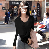 Pure White V-Neck Jersey Long-Sleeved T-Shirt Women's Early Autumn Lazy Relaxed Leisure On The Basis Of The Beautiful Inside Clothes