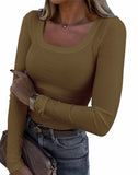 2026 New Burst Threaded Pit Strips Long-Sleeved Sexy U-Neck Casual Women's T-Shirt