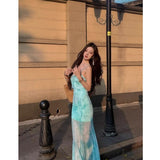 Mint Green Print Mesh Seaside Seaside Vacation Dress Women Summer Sexy Slime Slings Long Skirts