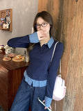 Fake Two POLO Collar Stitching Bump Color Long-Sleeved T-Shirt Women 2026 Early Autumn New Design Button Top