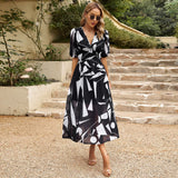Dili Design Dress 2025 Summer Temperament To Close The Waist Deep V Collar Print Long Dress