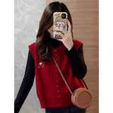 European Goods High-End New Year Red Knitted Vest Vest 2025 Winter Angola Red Folded Horse Clip Top Woman