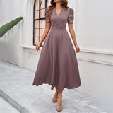 Dili 2025 Spring And Summer Temperament Elegant Solid Color High-Waisted Vneck Solid Color Short-Sleeved Dress Dress Women's Dress