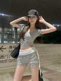 Korean Version Of Sweet Spicy Little Man Wearing Pure Want To Print Thin Short Coat Low-Waisted Folding Shorts Two Sets Of Women