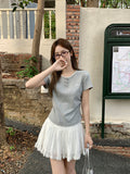 Korean Unique Fashion Shoulder Short-Sleeved T-Shirt For Summer New Lace Spliced Embroidered Bow Blouse