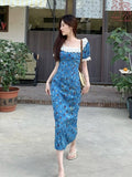 French Collar Lace Spliced Blue Floral Dress Dress Women's Summer 2026 New Holiday Style Waist Dress