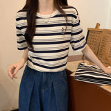 Striped Short-Sleeved T-Shirt Women's Loose Summer 2026 New Round Collar Embroidery Design With Thin Shirt